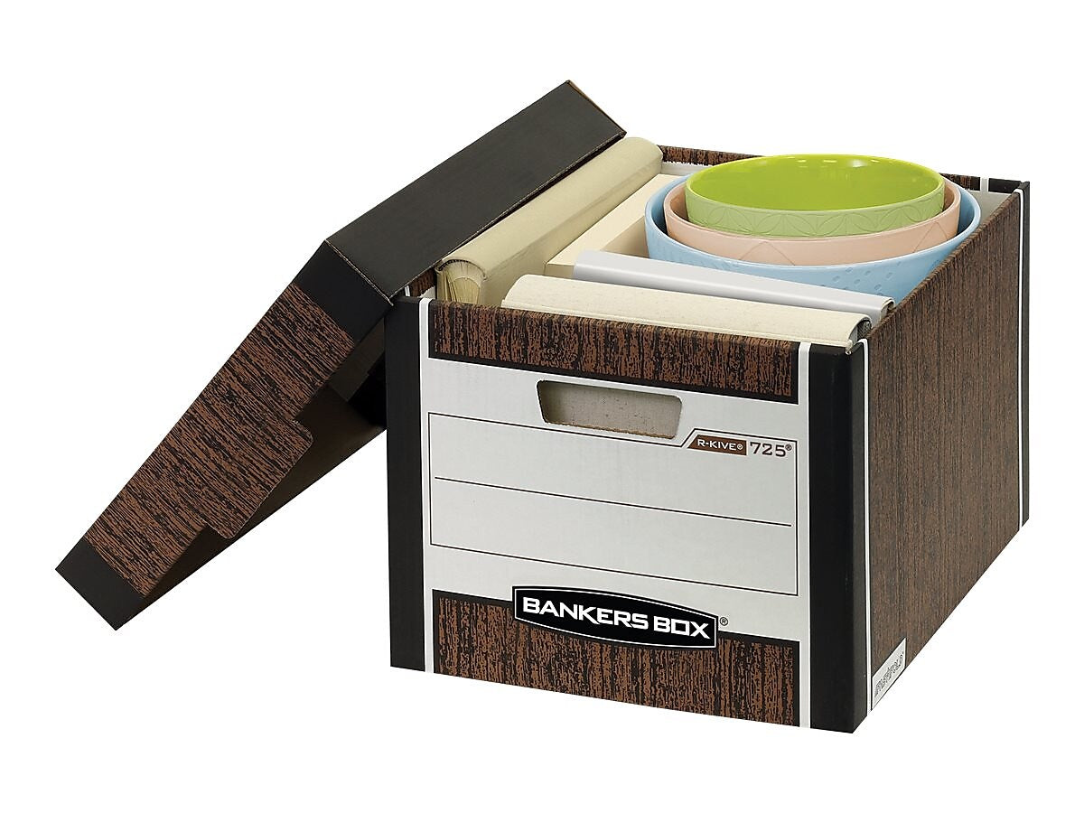 Bankers Box R-Kive® Heavy-Duty FastFold File Storage Boxes, Lift-Off Lid, Letter/Legal Size, Woodgrain, 12/Carton