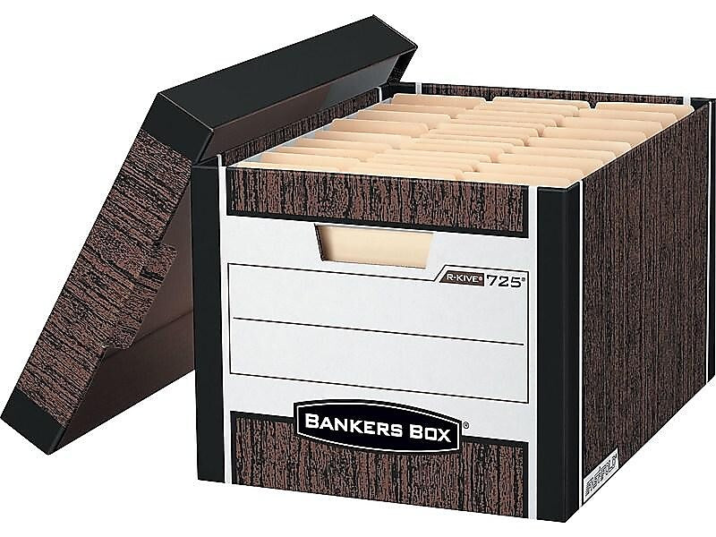 Bankers Box R-Kive® Heavy-Duty FastFold File Storage Boxes, Lift-Off Lid, Letter/Legal Size, Woodgrain, 4/Pack