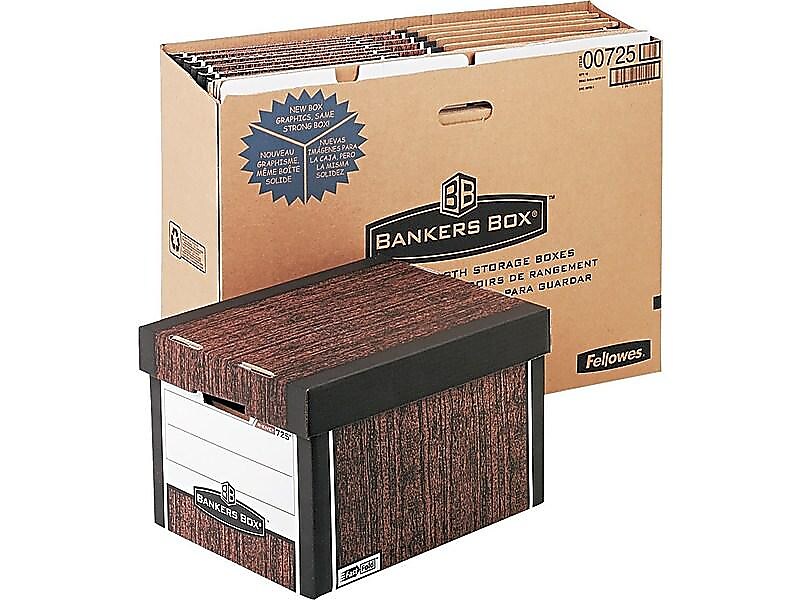 Bankers Box R-Kive® Heavy-Duty FastFold File Storage Boxes, Lift-Off Lid, Letter/Legal Size, Woodgrain, 4/Pack