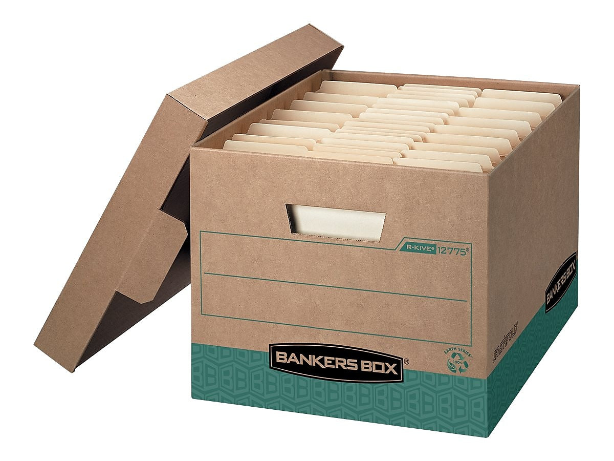 Bankers Box® R-Kive Heavy-Duty Recycled File Storage Boxes, Lift-Off Lid, Letter/Legal Size, Brown, 12/Carton