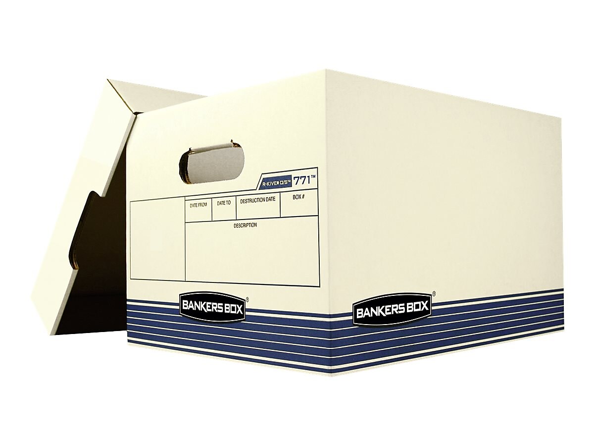 Bankers Box R-Kive O/S Heavy-Duty FastFold, File Storage Boxes, Lift-Off Lid, Letter/Legal Size, White/Blue, 20/BL