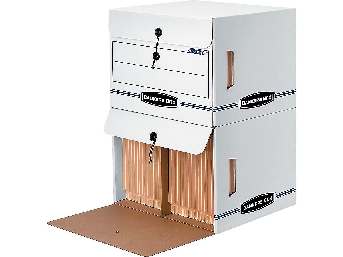 Bankers Box Side-Tab Drop-Front Corrugated File Storage Boxes, String & Button, Letter Size, White/Blue, 12/Carton