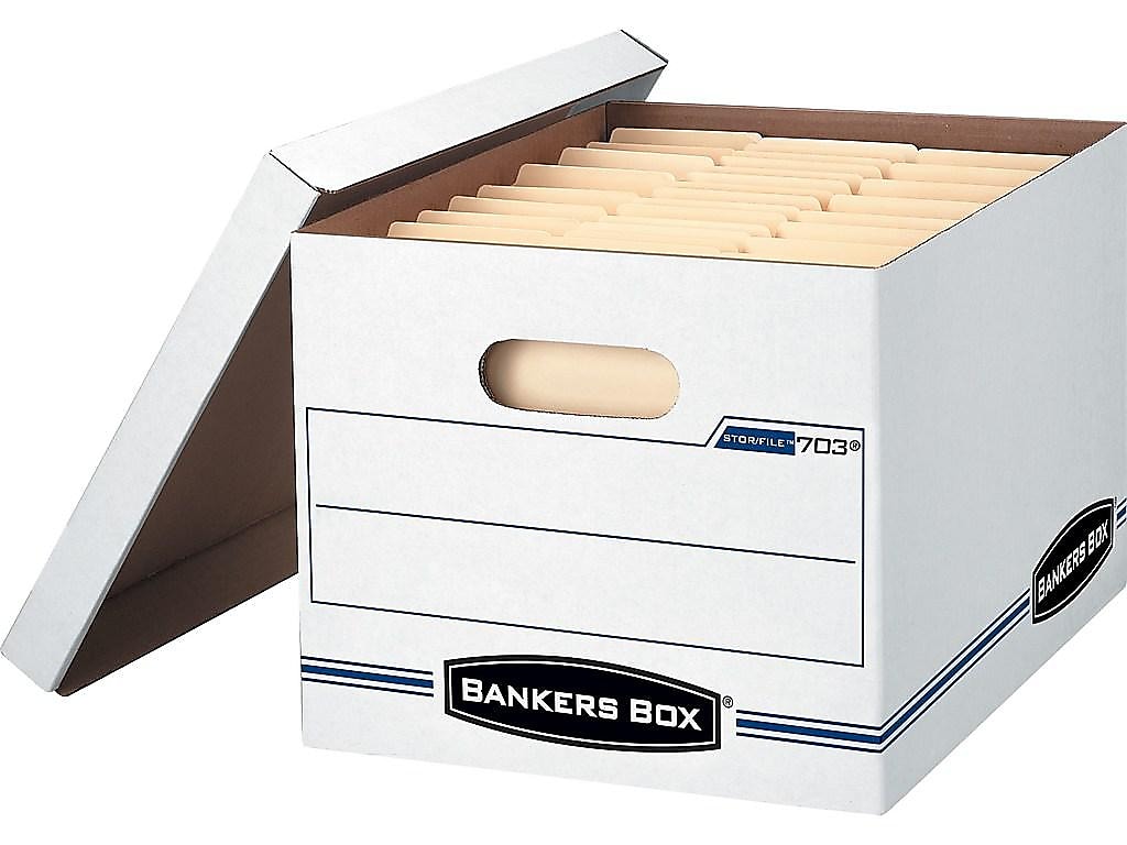 Bankers Box Stor/File™ Corrugated File Storage Boxes, Lift-Off Lid, Letter/Legal Size, White/Blue, 4/Carton