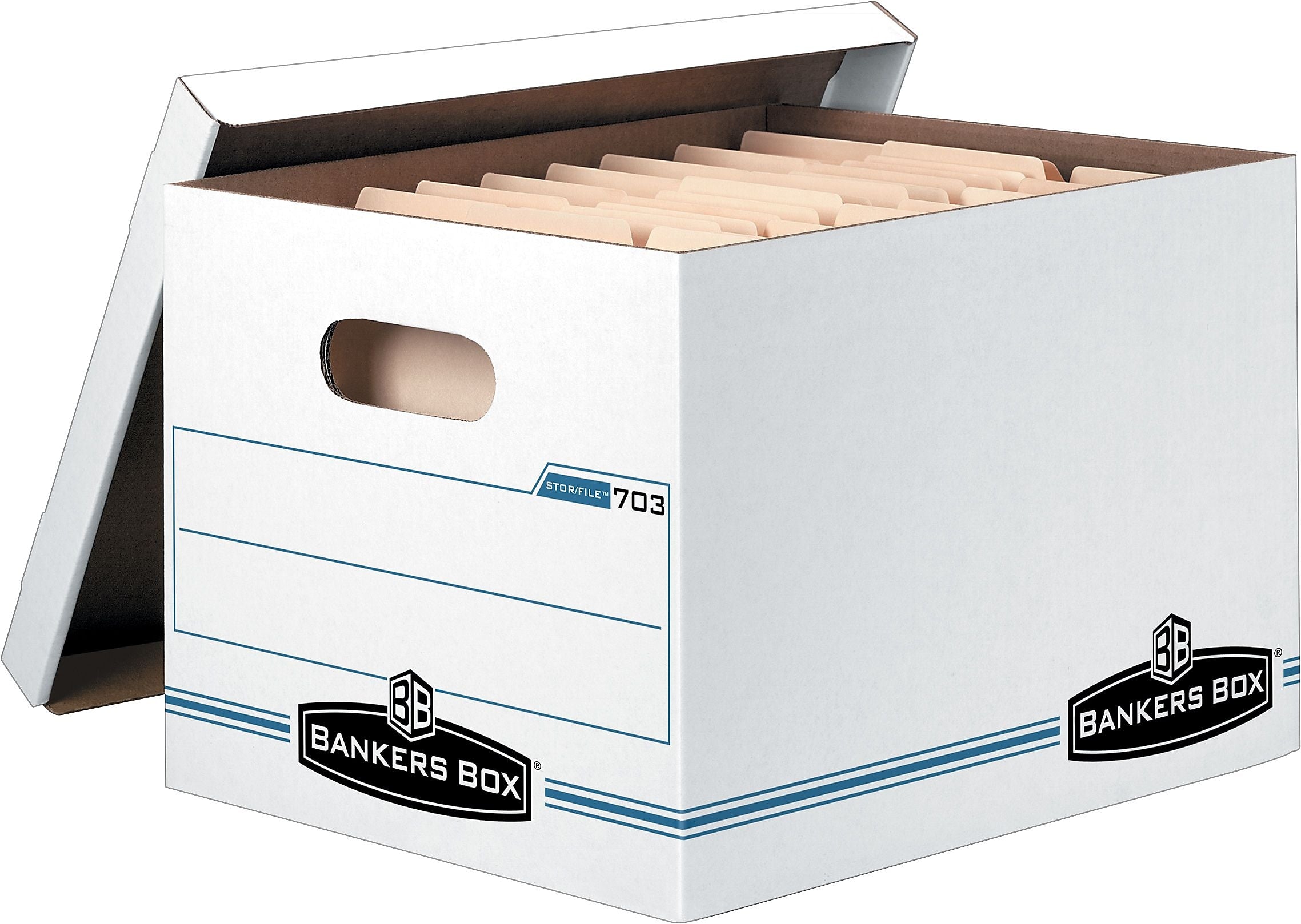 Bankers Box® Stor/File Corrugated File Storage Boxes, Lift-Off Lid, Letter/Legal Size, White/Blue, 6/Pack