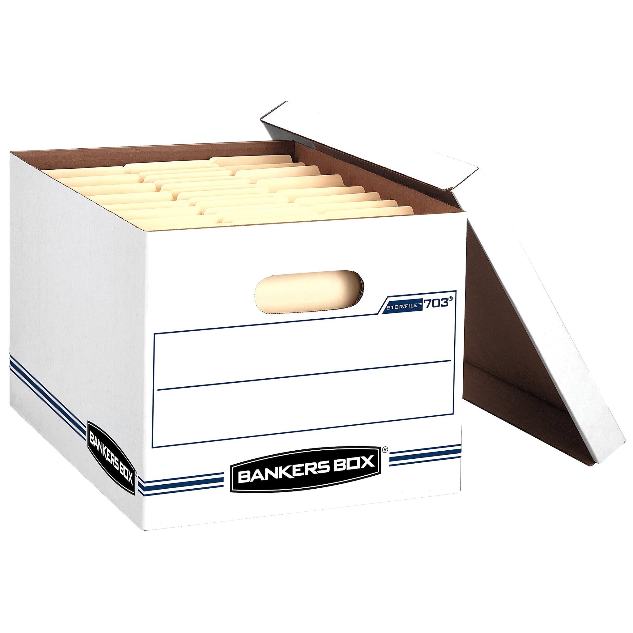 Bankers Box® Stor/File Corrugated File Storage Boxes, Lift-Off Lid, Letter/Legal Size, White/Blue, 6/Pack