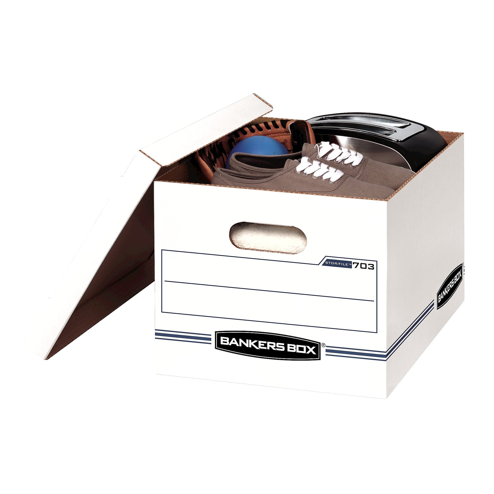 Bankers Box® Stor/File Corrugated File Storage Boxes, Lift-Off Lid, Letter/Legal Size, White/Blue, 6/Pack