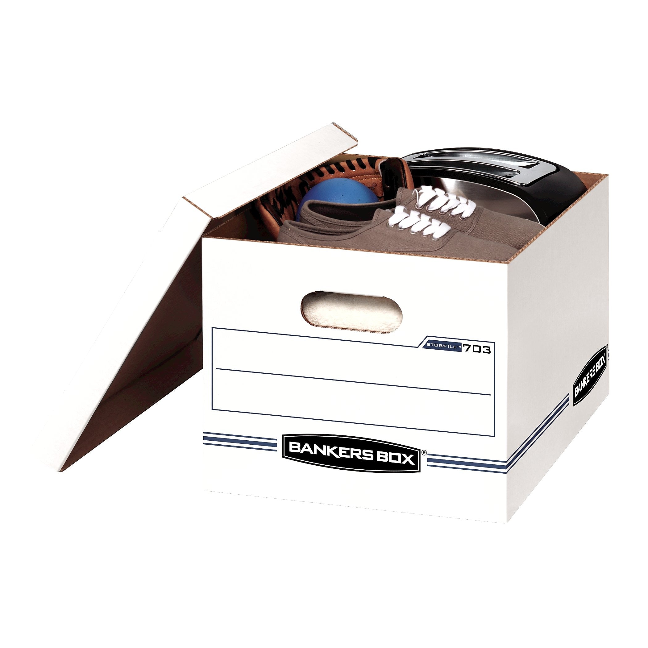 Bankers Box® Stor/File Corrugated File Storage Boxes, Lift-Off Lid, Letter/Legal Size, White/Blue, 6/Pack