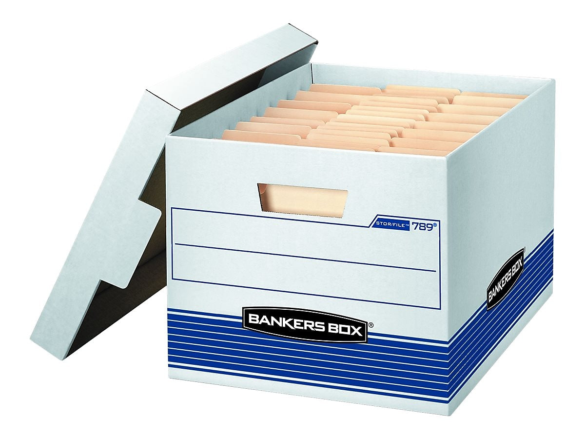 Bankers Box Stor/File™ Medium-Duty FastFold File Storage Boxes, Lift-Off Lid, Letter/Legal Size, White/Blue, 12/Carton