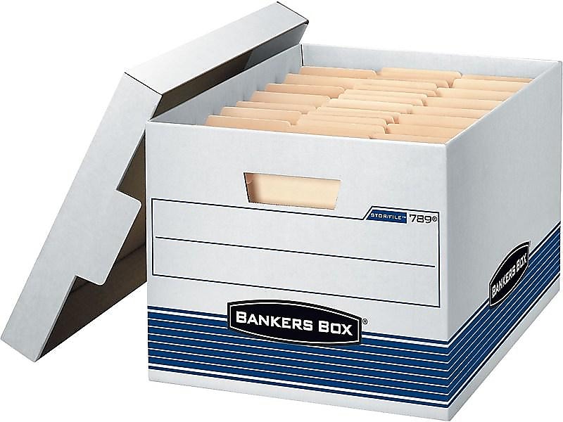 Bankers Box Stor/File™ Medium-Duty FastFold File Storage Boxes, Lift-Off Lid, Letter/Legal Size, White/Blue, 4/Carton