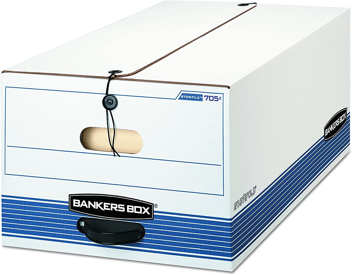 Bankers Box Stor/File Medium-Duty FastFold File Storage Boxes, String & Button, Legal Size, White/Blue, 12/Carton