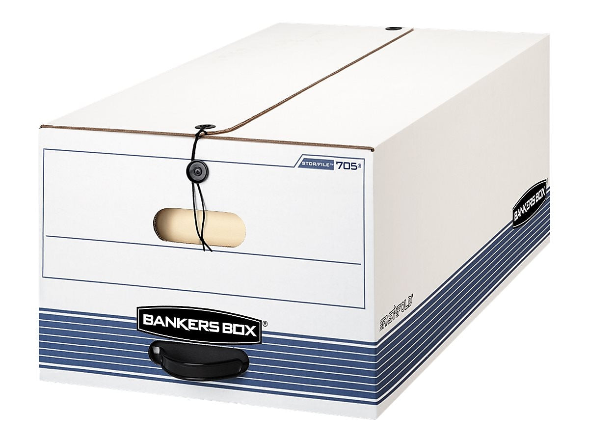 Bankers Box Stor/File Medium-Duty FastFold File Storage Boxes, String & Button, Legal Size, White/Blue, 4/Carton