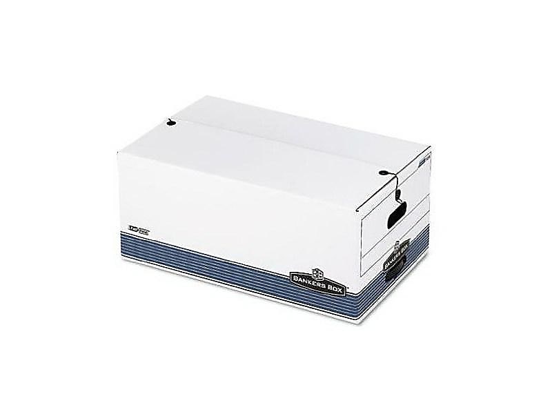 Bankers Box Stor/File Medium-Duty FastFold File Storage Boxes, String & Button, Legal Size, White/Blue, 4/Carton