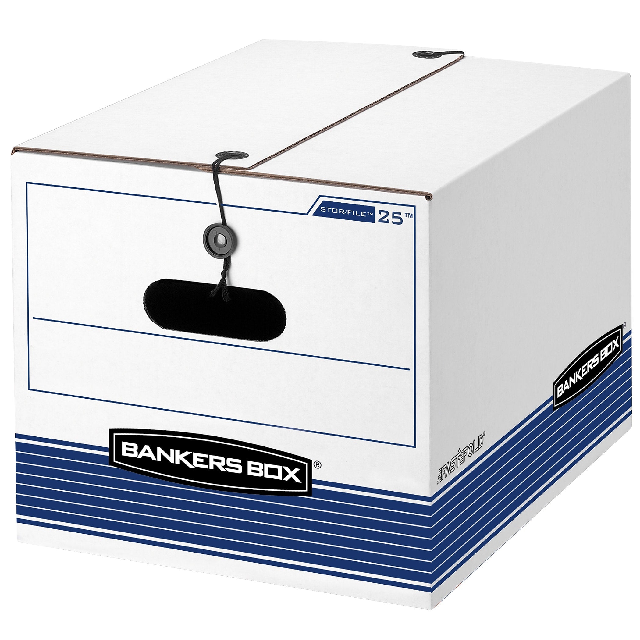 Bankers Box Stor/File Medium-Duty FastFold File Storage Boxes, String & Button, Letter/Legal Size, White/Blue, 12/Carton