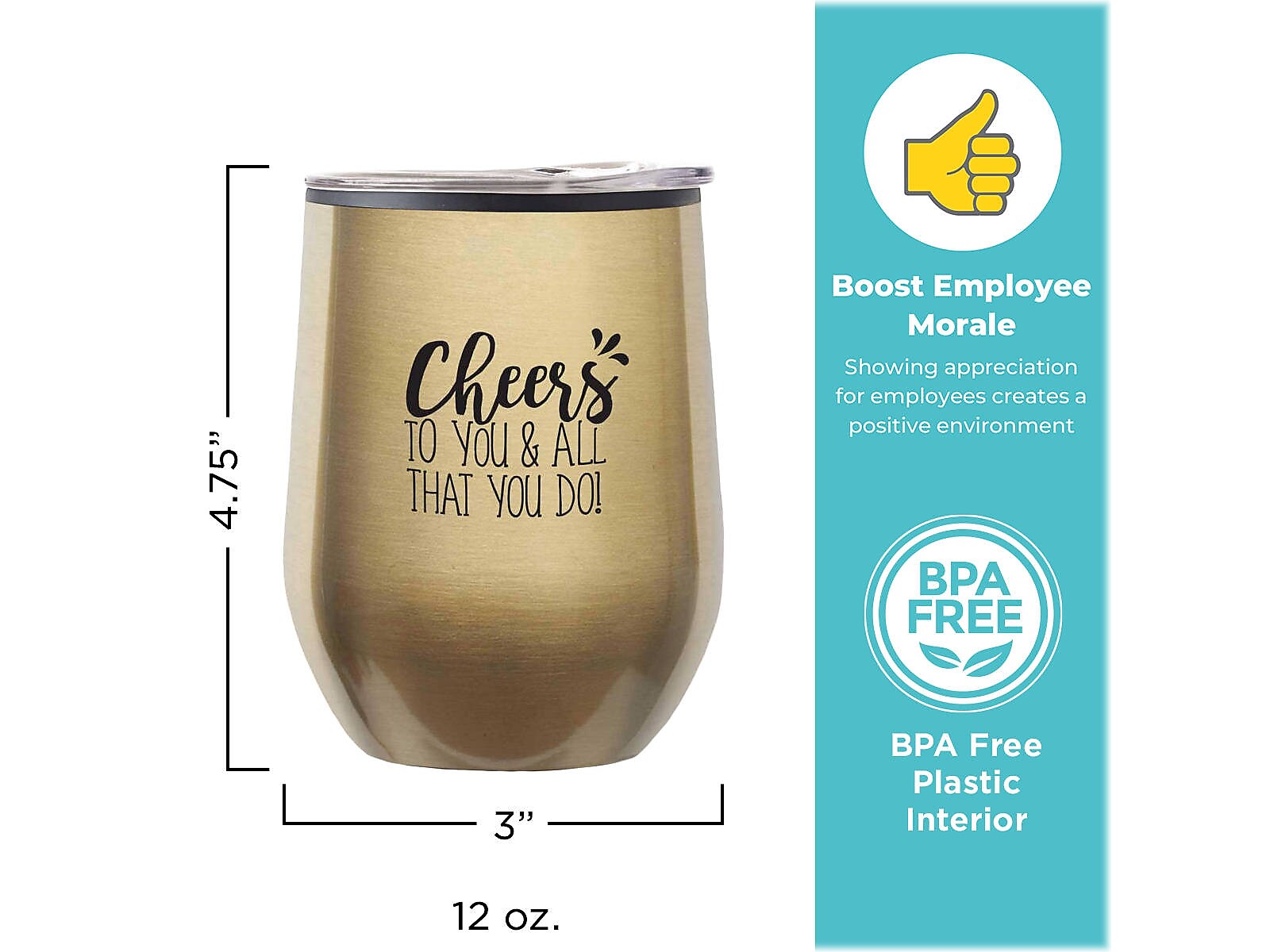 Baudville Cheers! Cheers to You Wine Tumbler, Gold Metallic, 12 oz., 10/Pack