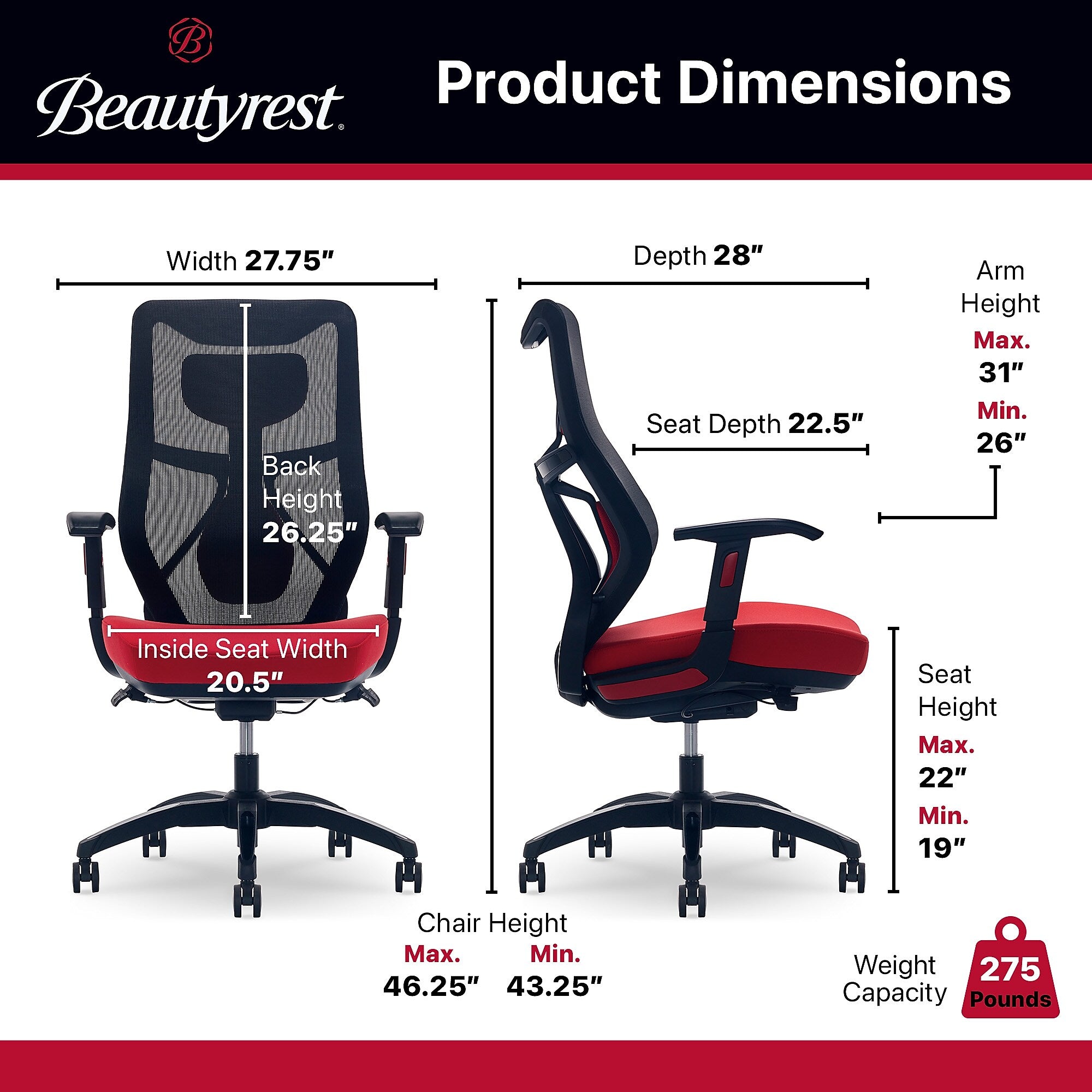Beautyrest Duo-EX Ergonomic Mesh Swivel Computer Chair, Red