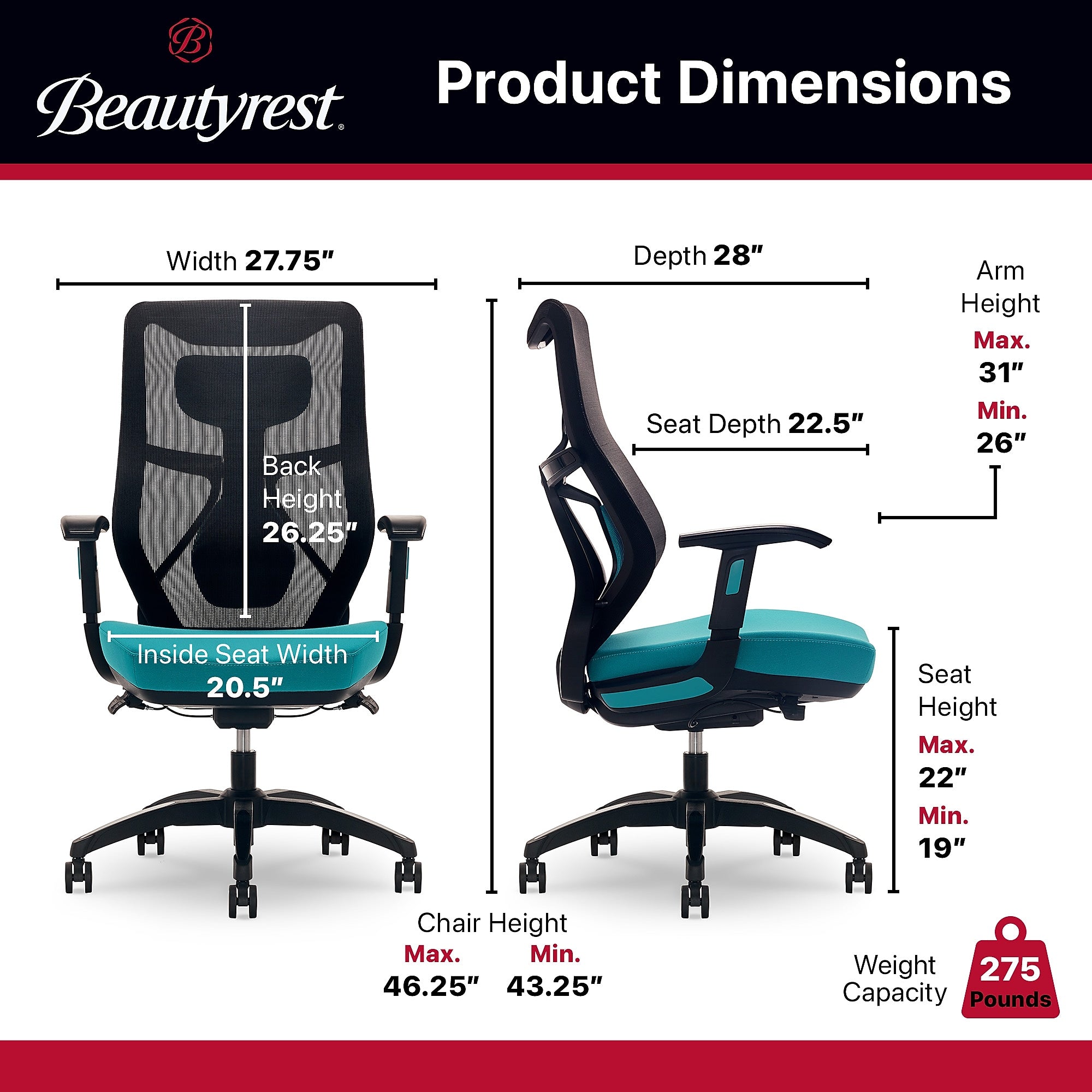 Beautyrest Duo-EX Ergonomic Mesh Swivel Computer Chair, Teal