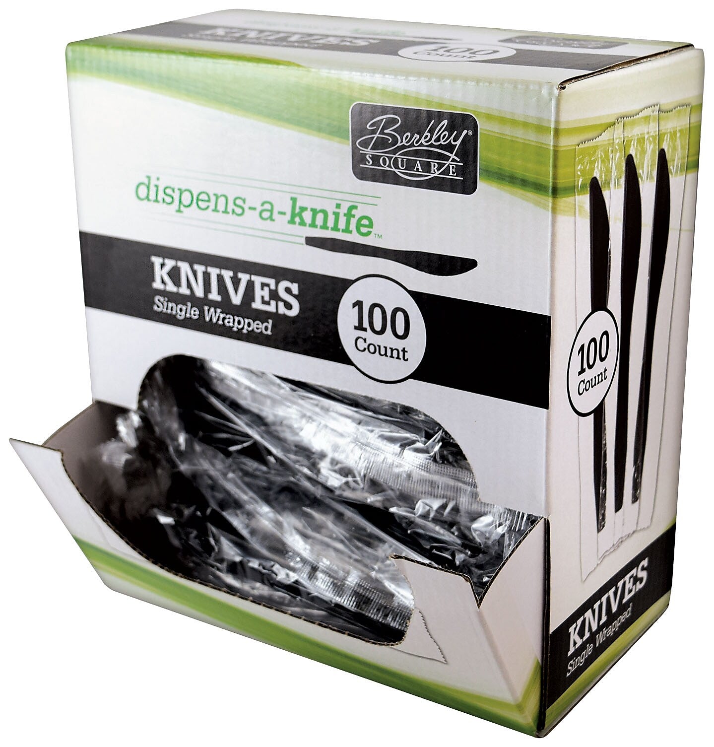 Berkley Square Dispens-a-Knife Polystyrene Knife, Medium-Weight, Black, 100/Box