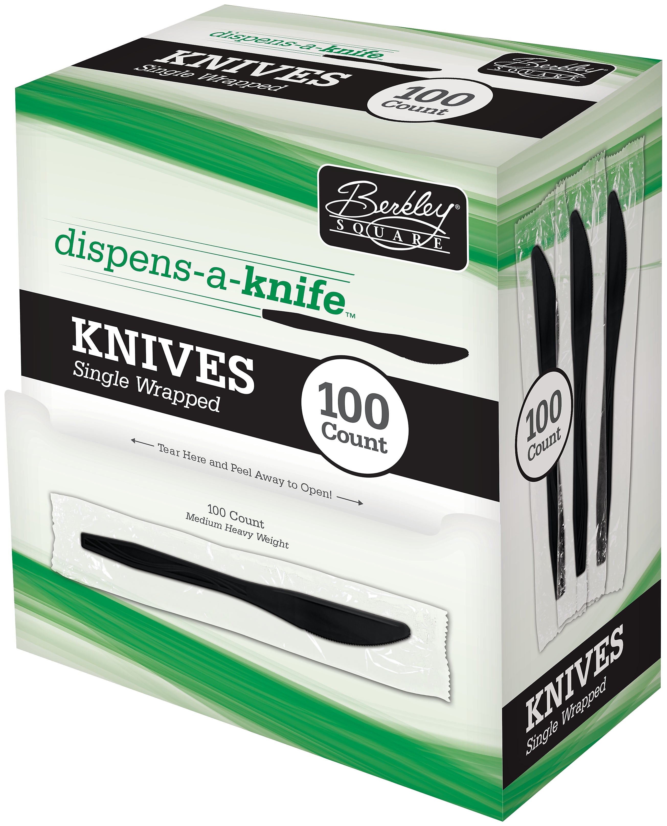 Berkley Square Dispens-a-Knife Polystyrene Knife, Medium-Weight, Black, 100/Box