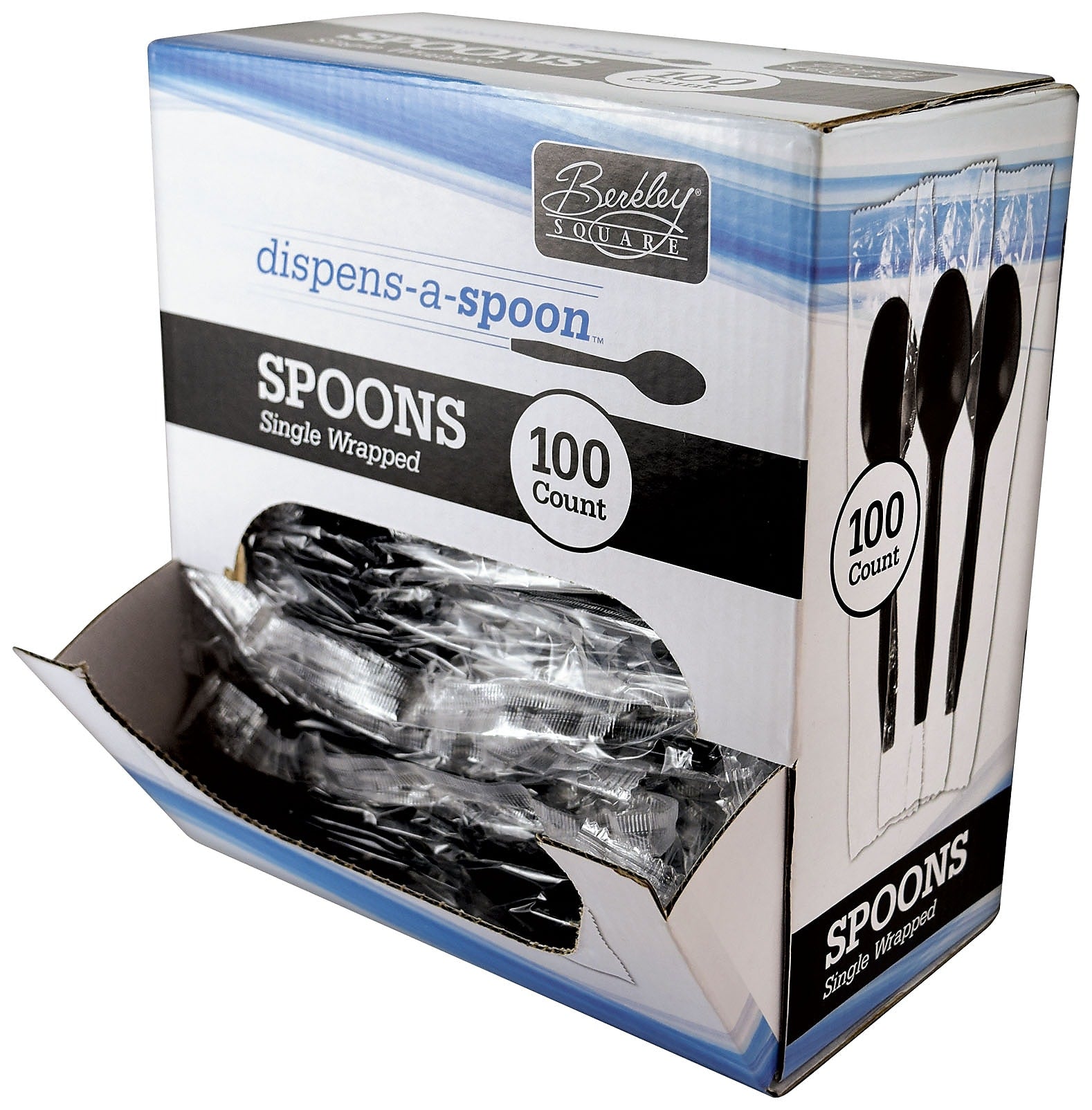 Berkley Square Dispens-a-Spoon Plastic Tea Spoon, Medium-Weight, Black, 100/Box