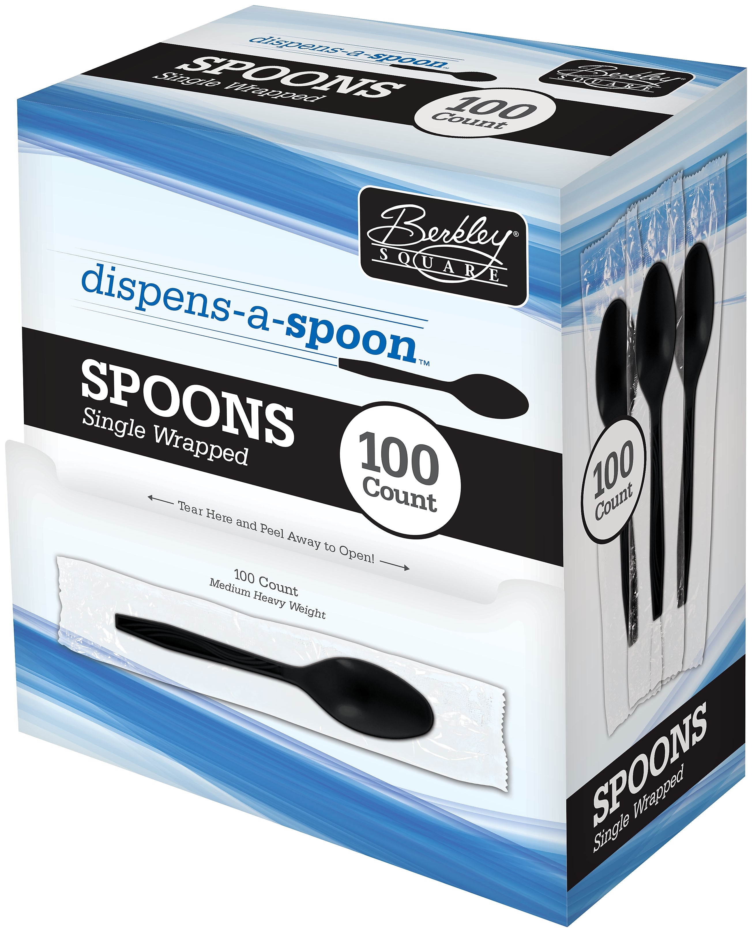 Berkley Square Dispens-a-Spoon Plastic Tea Spoon, Medium-Weight, Black, 100/Box