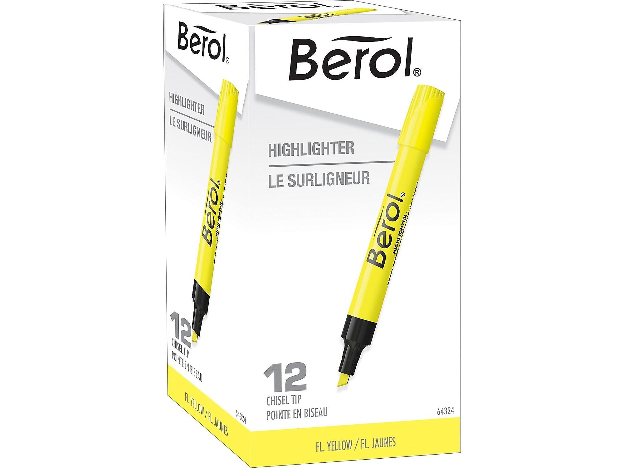 Berol Tank Highlighters, Chisel, Yellow, Dozen