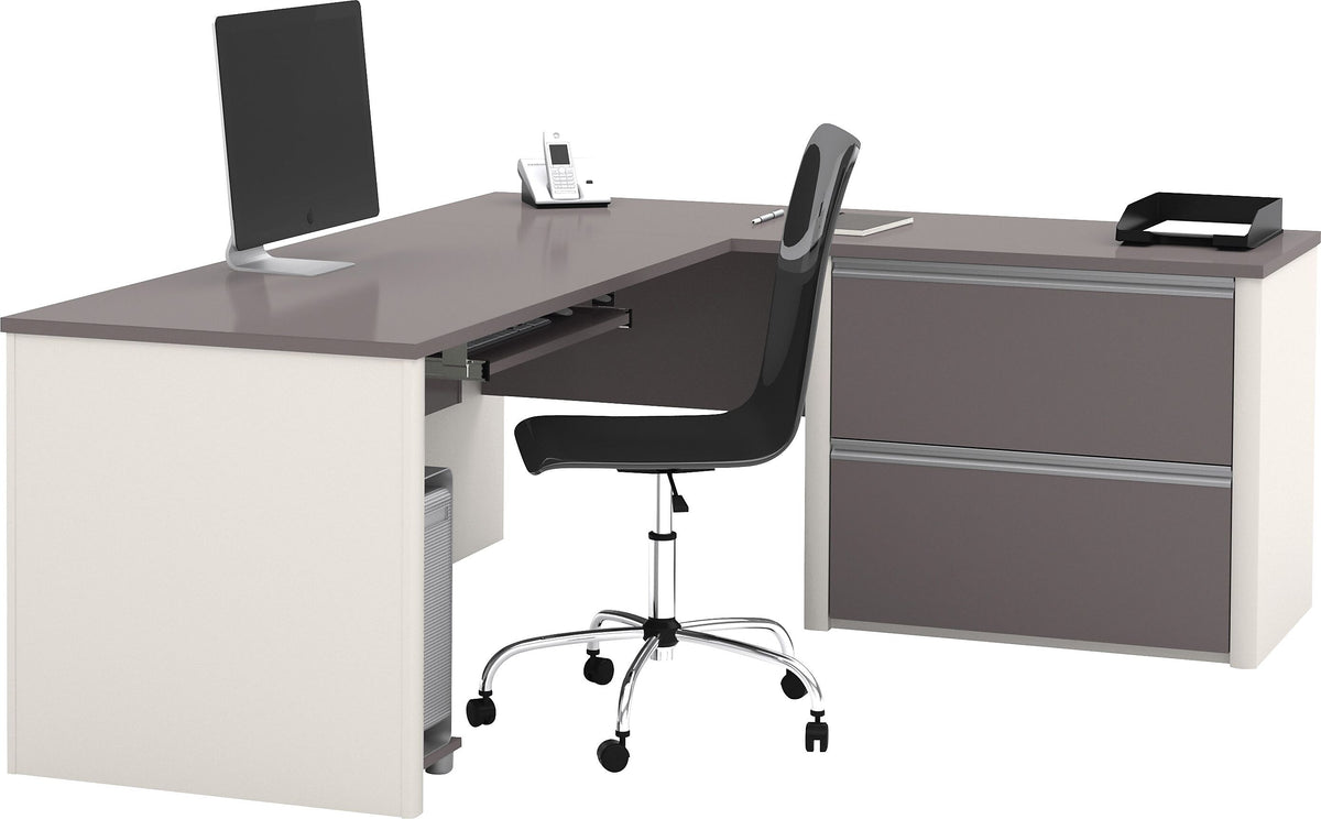 Bestar Connexion Collection 71"W L-Shaped Desk with Oversize Pedestal, Sandstone and Slate