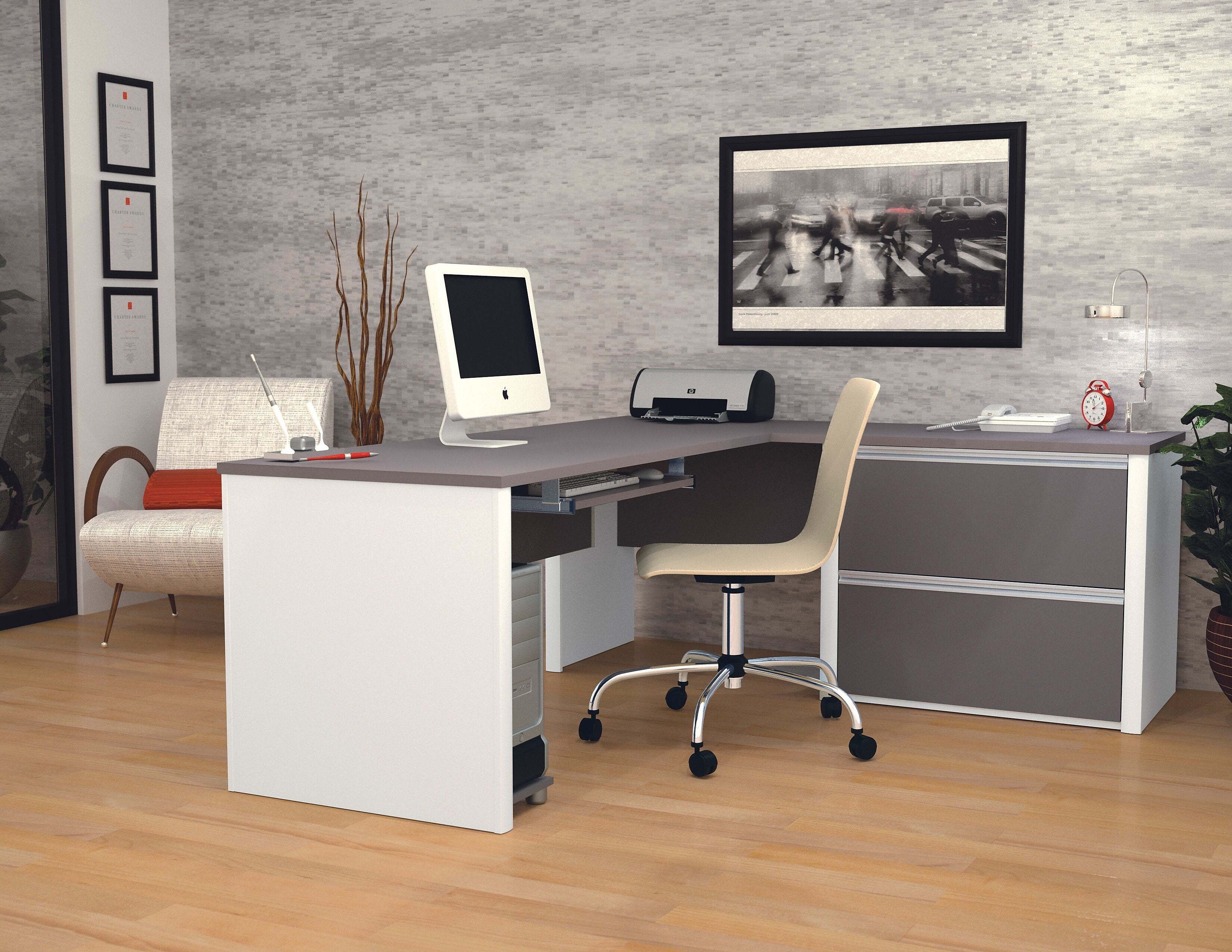 Bestar Connexion Collection 71"W L-Shaped Desk with Oversize Pedestal, Sandstone and Slate