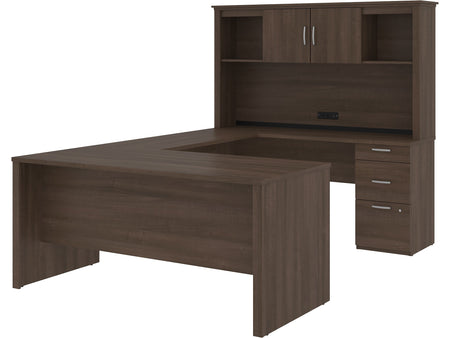 Bestar Logan 66" U-Shaped Desk with Hutch, Brown