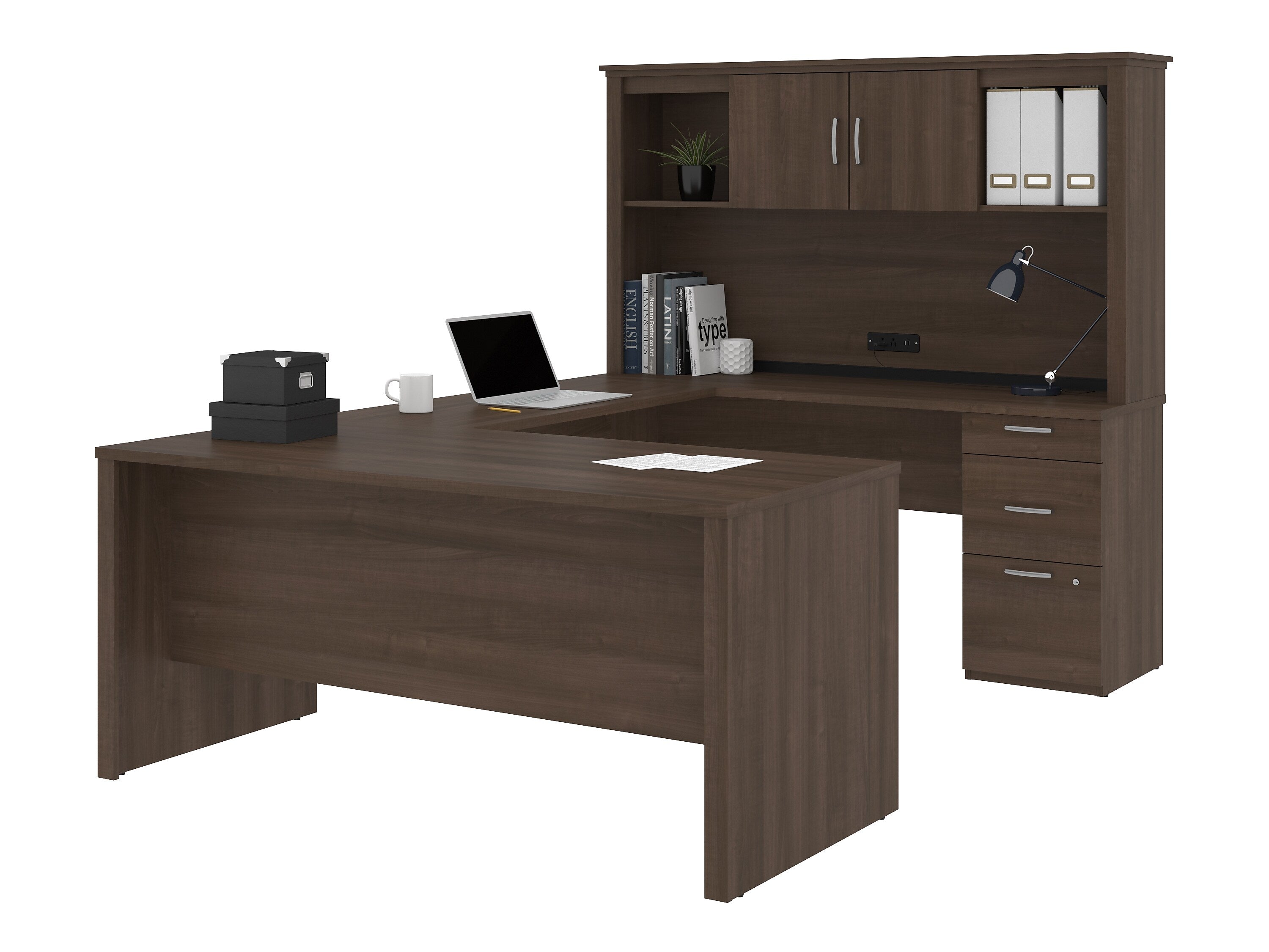 Bestar Logan 66" U-Shaped Desk with Hutch, Brown