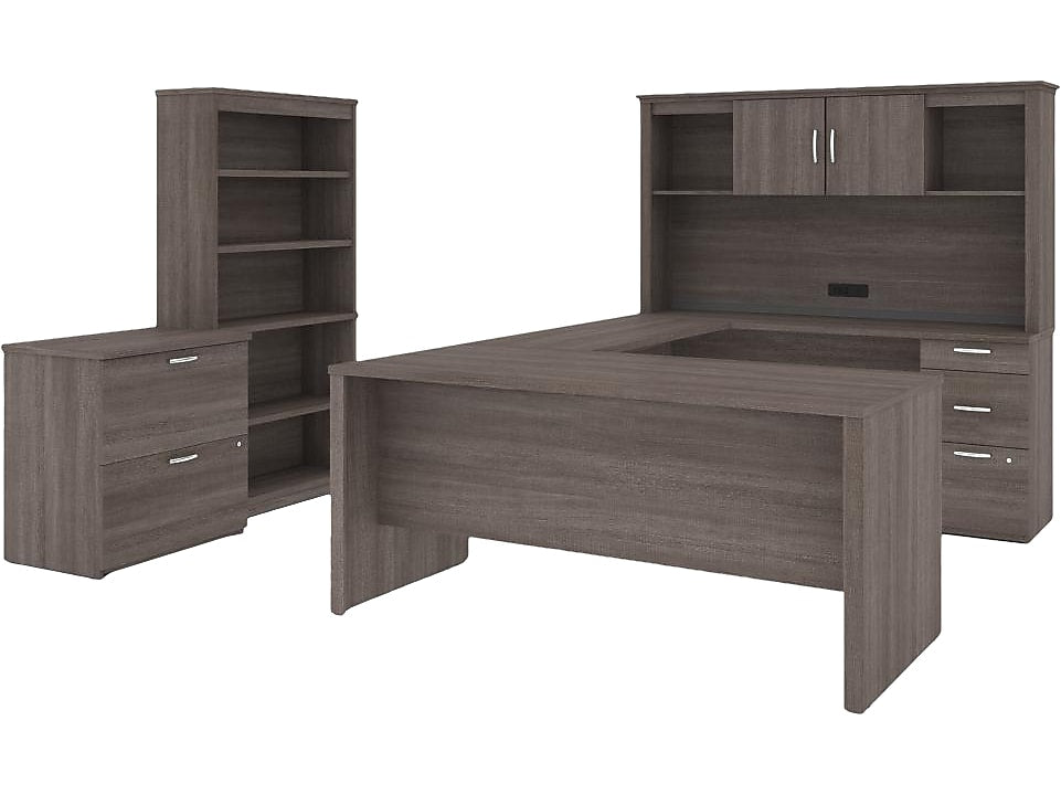 Bestar Logan 66" U-Shaped Executive Desk with Hutch, Lateral File Cabinet, and Bookcase, Bark Grey