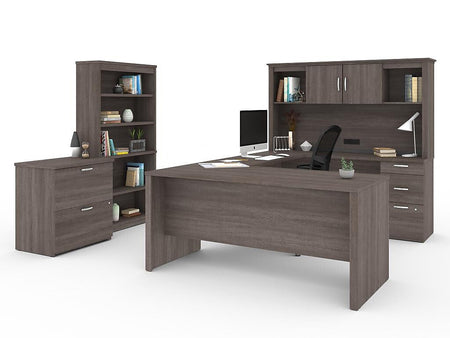 Bestar Logan 66" U-Shaped Executive Desk with Hutch, Lateral File Cabinet, and Bookcase, Bark Grey