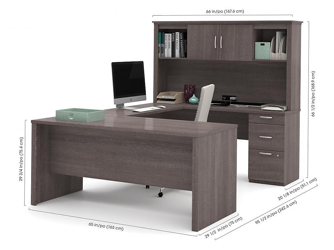 Bestar Logan 66" U-Shaped Executive Desk with Hutch, Lateral File Cabinet, and Bookcase, Bark Grey