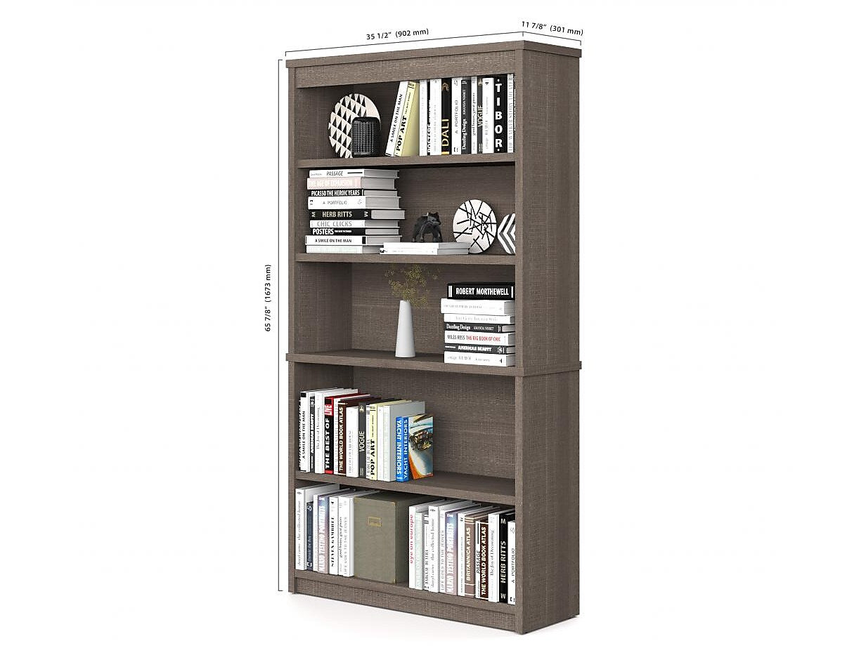 Bestar Logan 66" U-Shaped Executive Desk with Hutch, Lateral File Cabinet, and Bookcase, Bark Grey