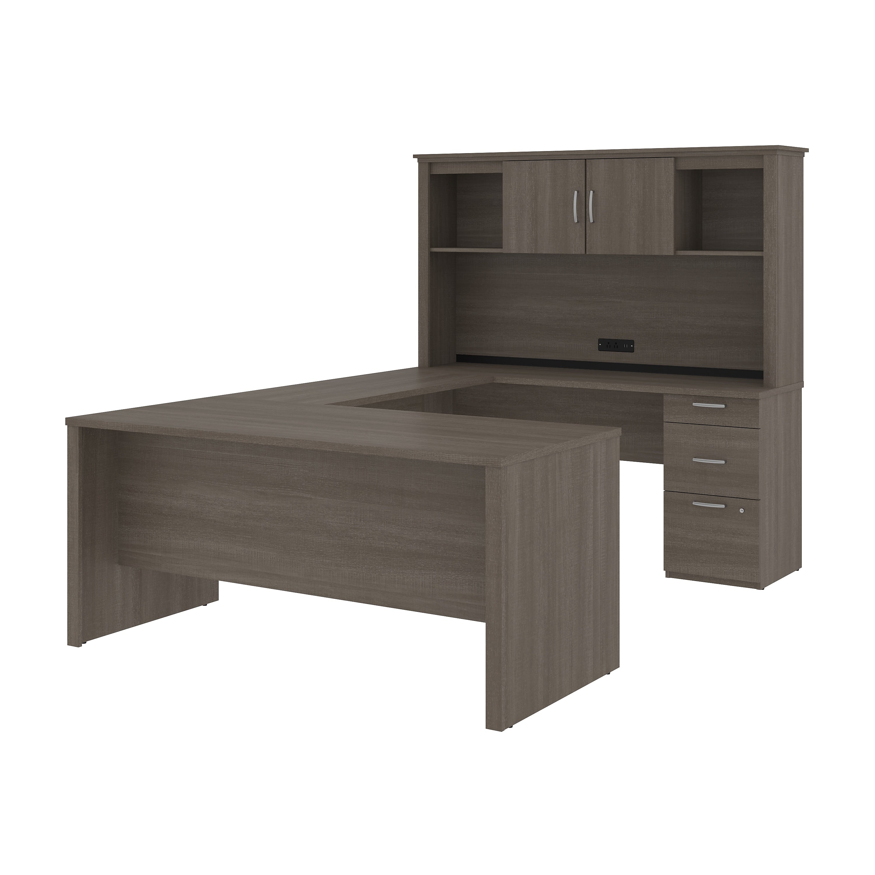 Bestar Logan 66"W U or L-Shaped Executive Office Desk with Pedestal and Hutch, Bark Grey