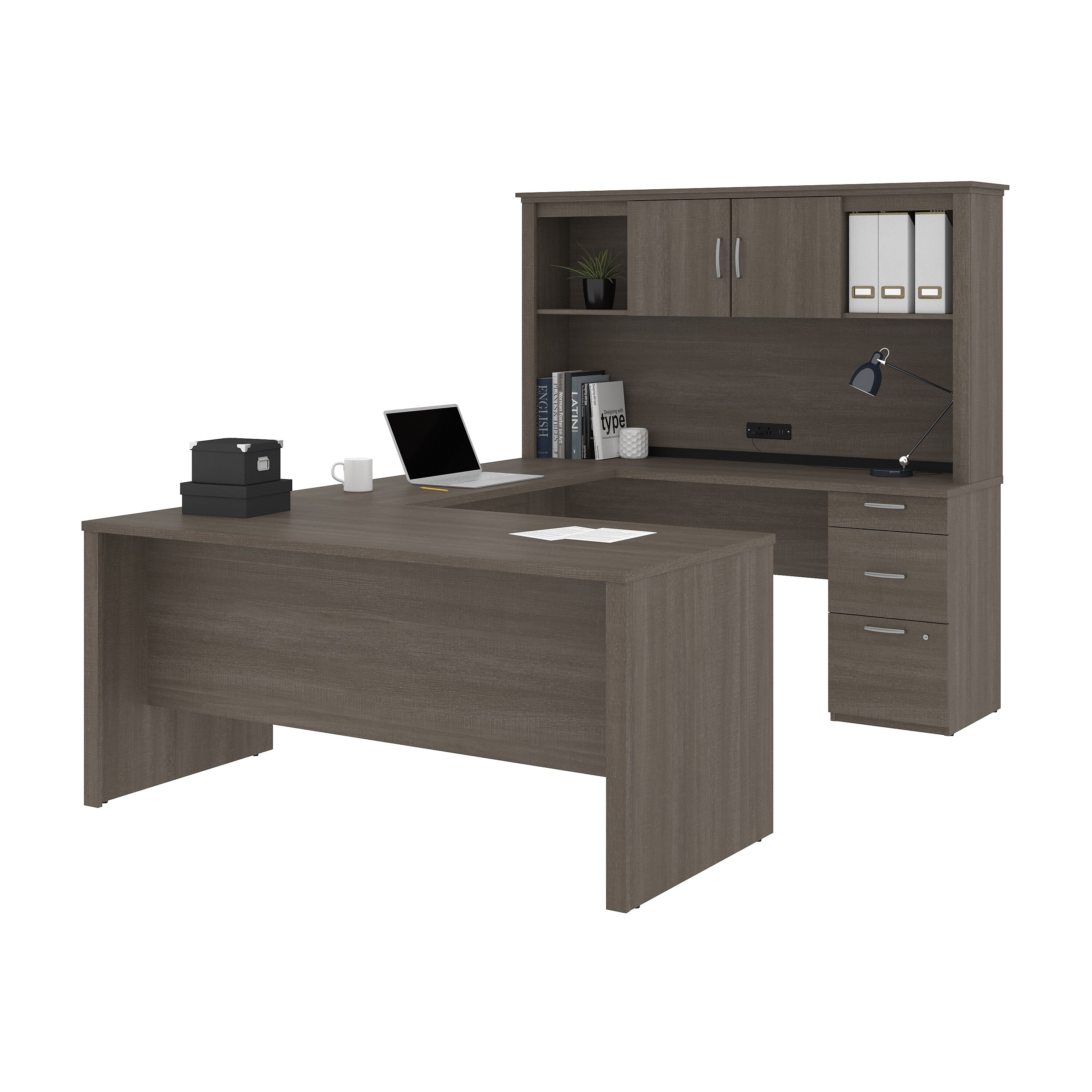 Bestar Logan 66"W U or L-Shaped Executive Office Desk with Pedestal and Hutch, Bark Grey