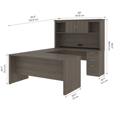 Bestar Logan 66"W U or L-Shaped Executive Office Desk with Pedestal and Hutch, Bark Grey