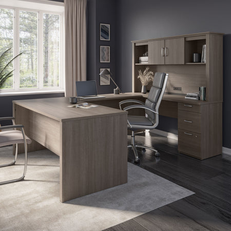 Bestar Logan 66"W U or L-Shaped Executive Office Desk with Pedestal and Hutch, Bark Grey