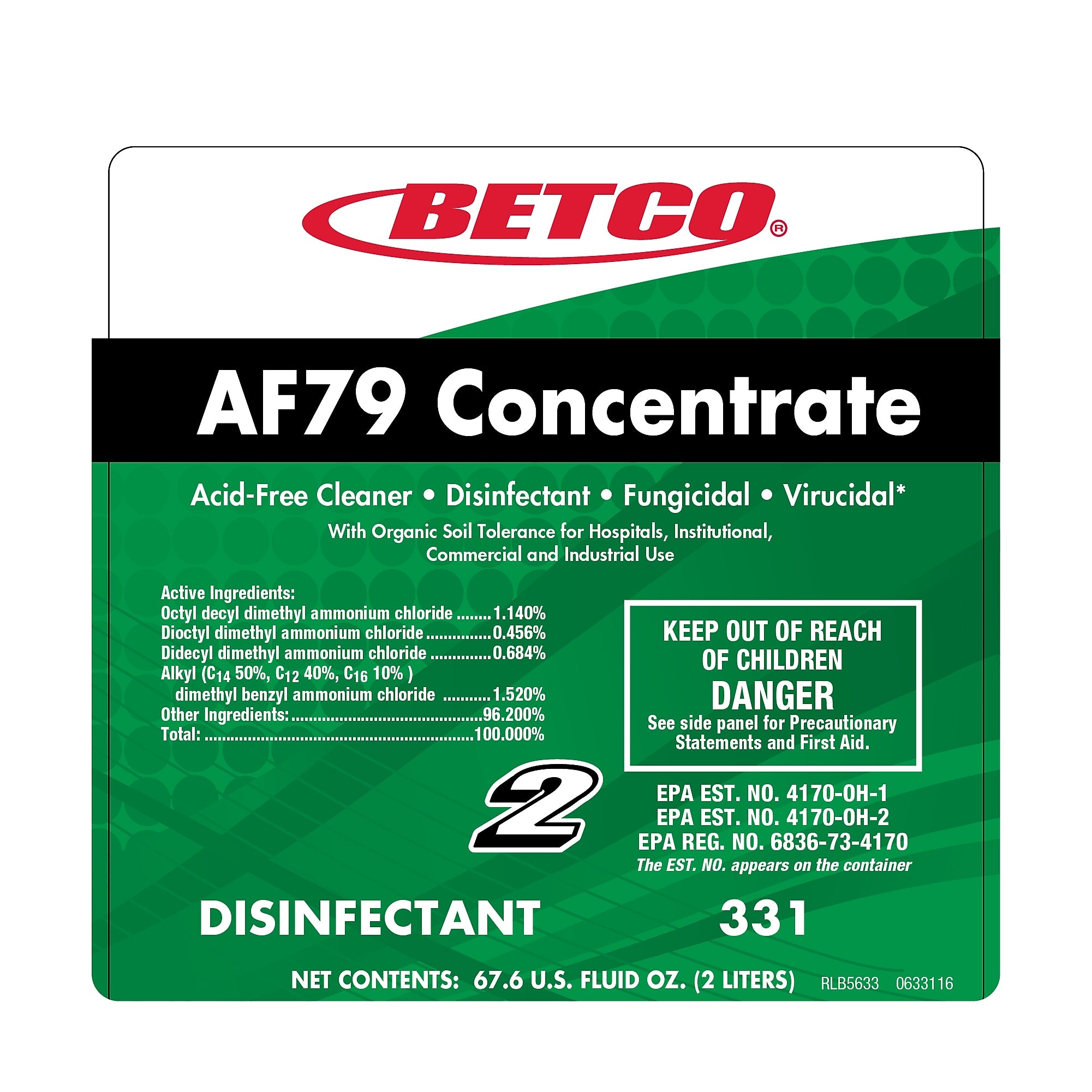 Betco AF79 Concentrate Disinfectant, Ocean Breeze Scent, 67.6 oz., 2/Carton