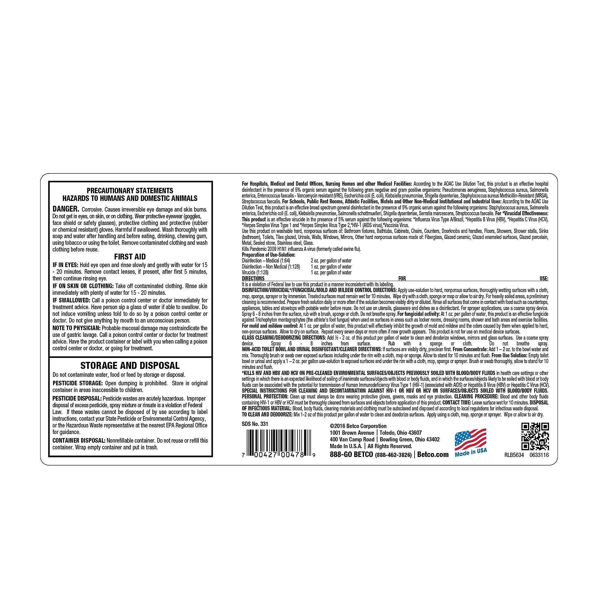 Betco AF79 Concentrate Disinfectant, Ocean Breeze Scent, 67.6 oz., 2/Carton