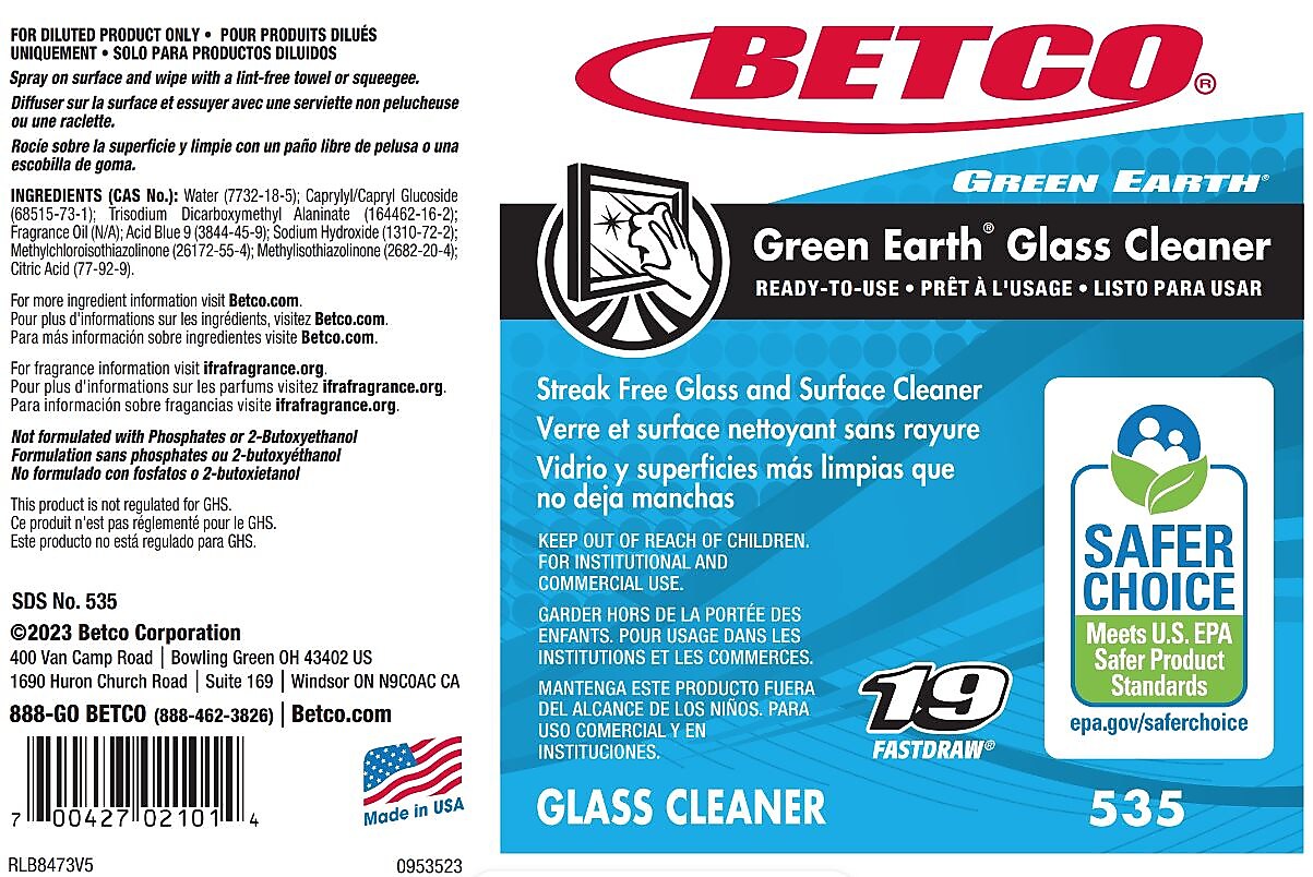Betco Green Earth Glass Cleaner Bottle Labels, 24/Pack
