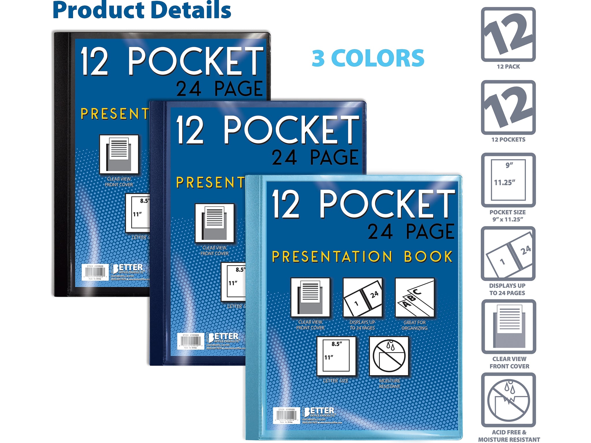 Better Office Letter-Size Clear Cover Presentation Books, Assorted Colors, 12/Pack
