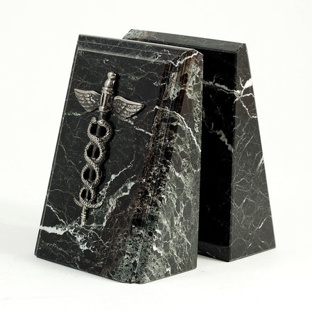 Bey-Berk Marble Fancy Beveled Medical Caduceus Book Ends, 7.25"H, Antique Silver/Black