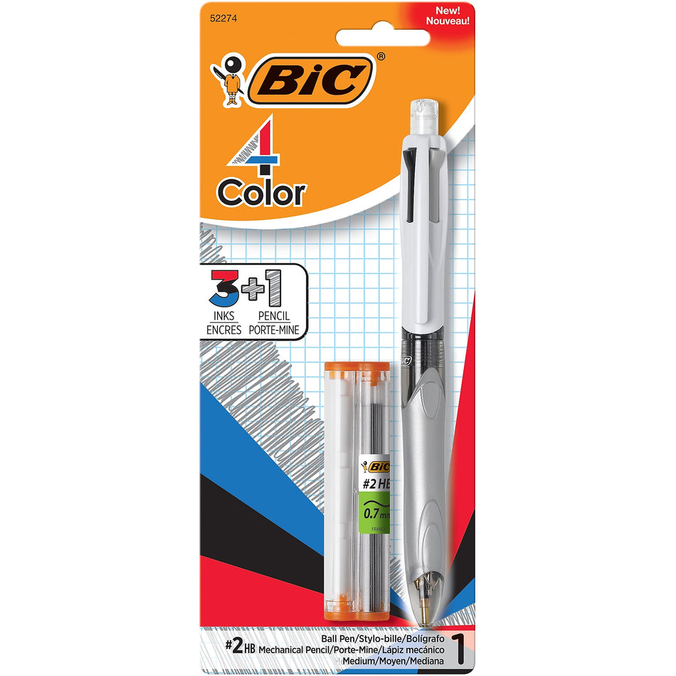 BIC 4 Color Retractable 3+1 Ballpoint Pen and Mechanical Pencil, Medium Point