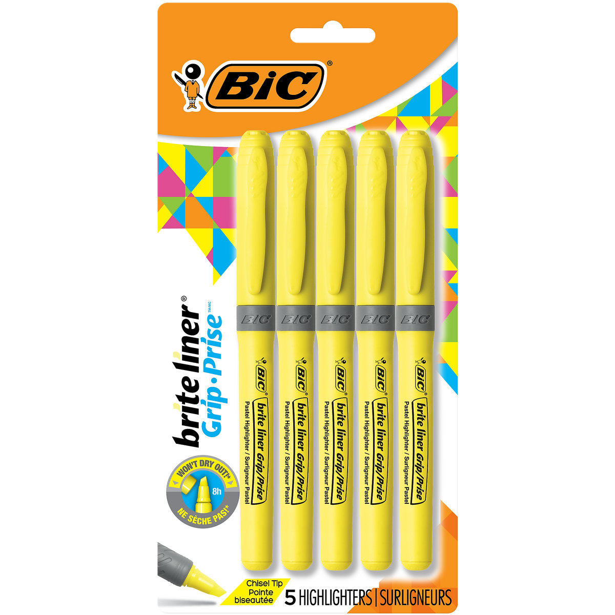 BIC Brite Liner Highlighters with Grip, Chisel Tip, Yellow, 5/Pack