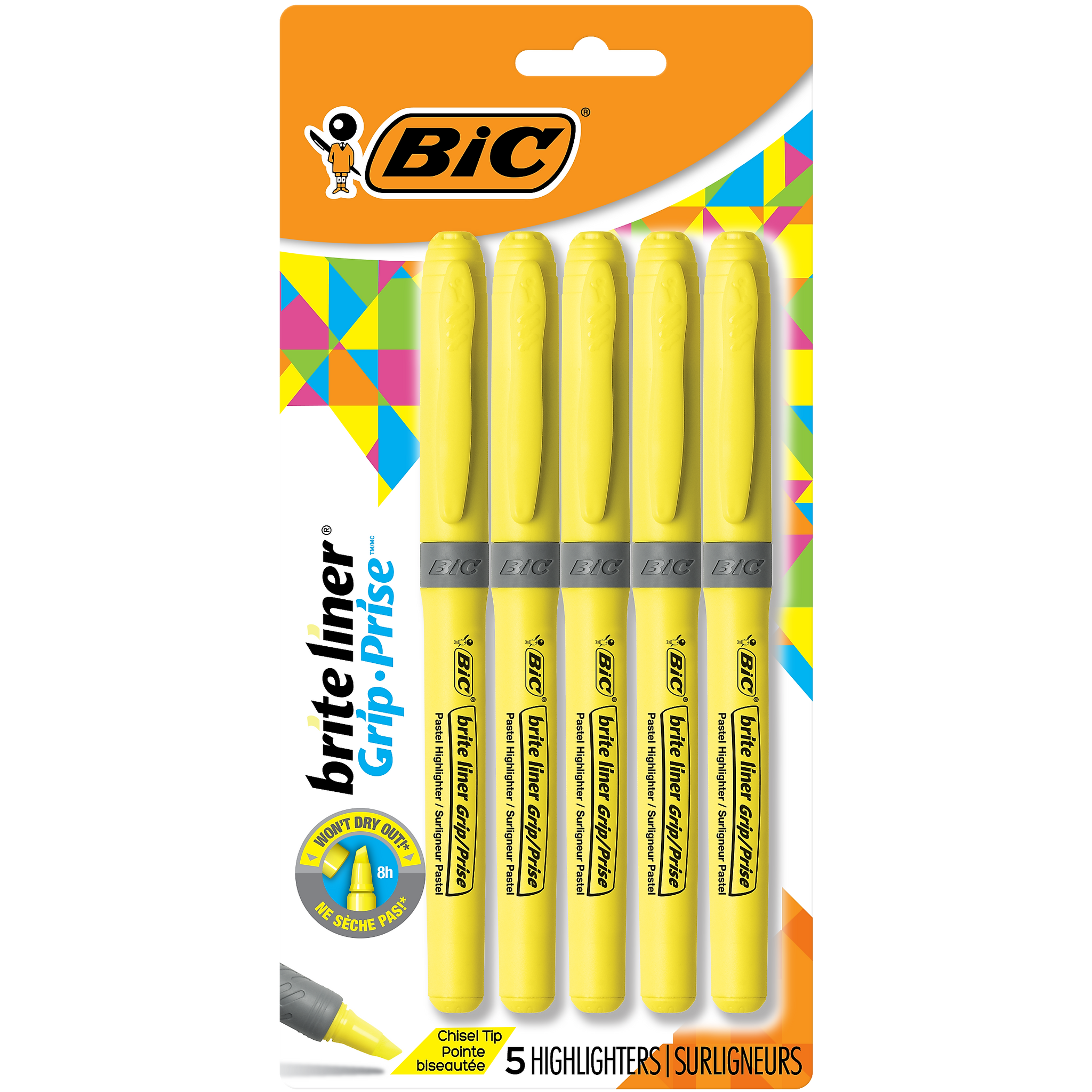 BIC Brite Liner Highlighters with Grip, Chisel Tip, Yellow, 5/Pack
