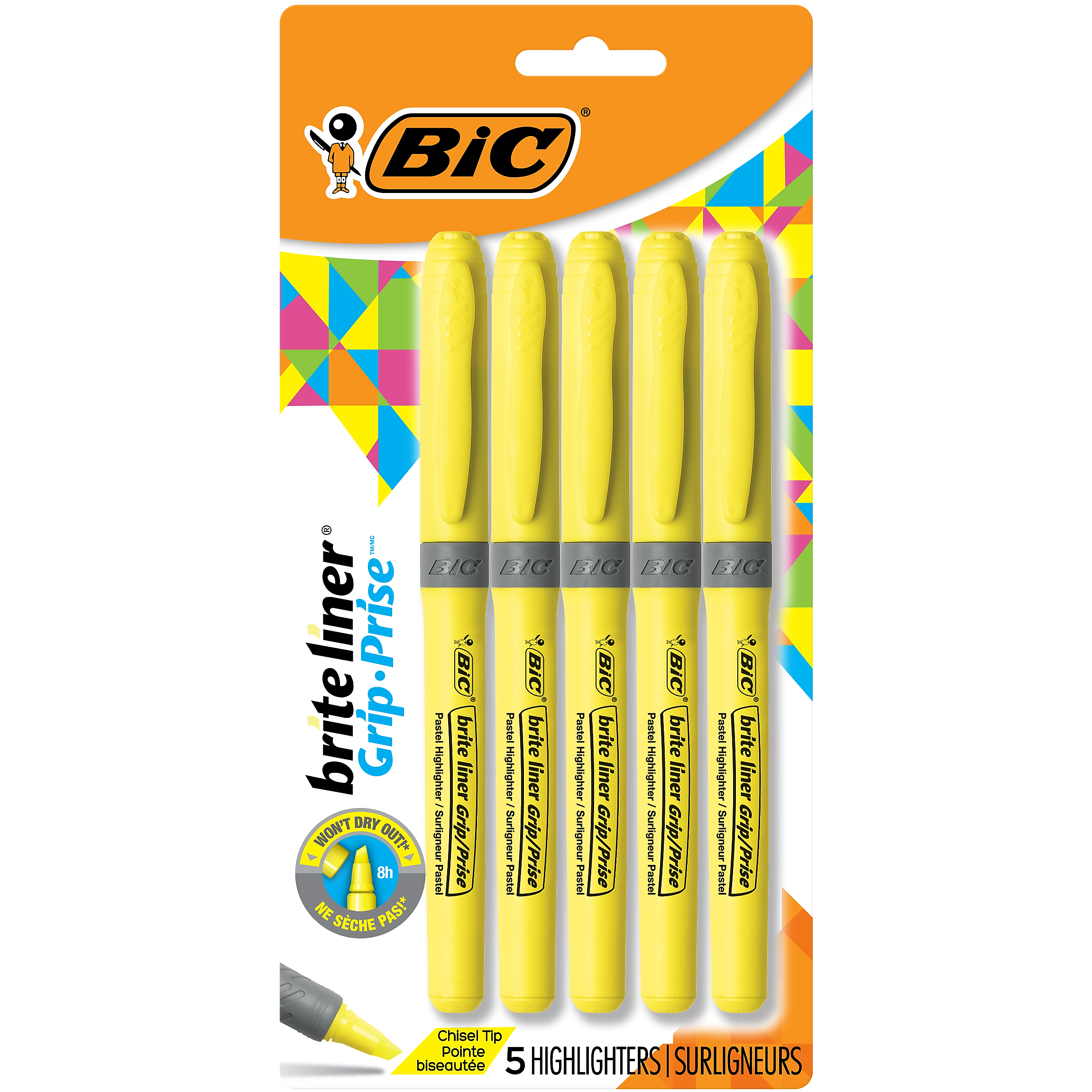 BIC Brite Liner Highlighters with Grip, Chisel Tip, Yellow, 5/Pack