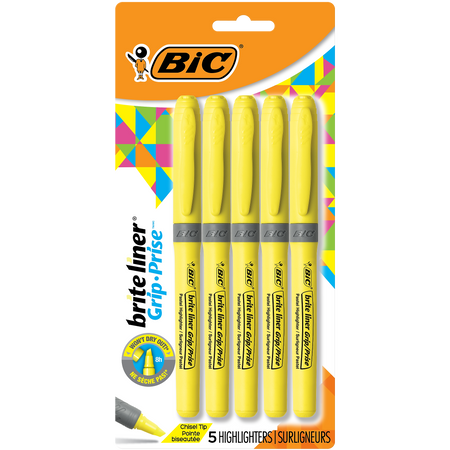 BIC Brite Liner Highlighters with Grip, Chisel Tip, Yellow, 5/Pack