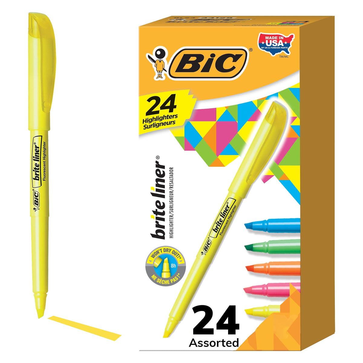 BIC Brite Liner Stick Highlighter, Chisel Tip, Assorted, 24/Pack