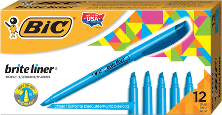 BIC Brite Liner Stick Highlighter, Chisel Tip, Blue, 12/Pack