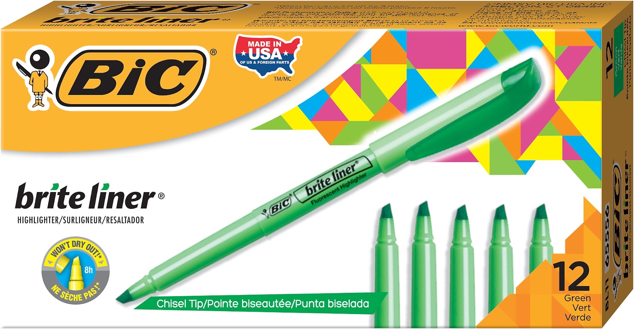 BIC Brite Liner Stick Highlighter, Chisel Tip, Green, 12/Pack